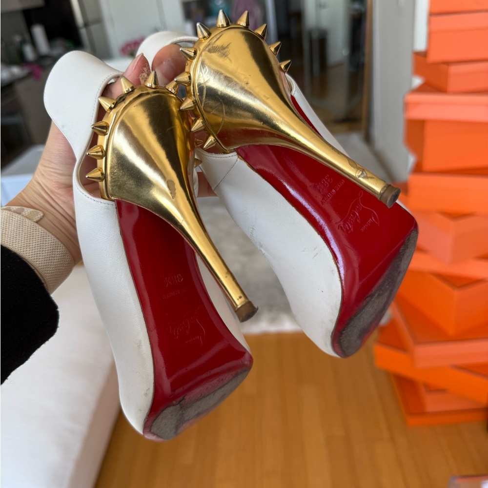Christian Louboutin White Heels with Gold Spikes